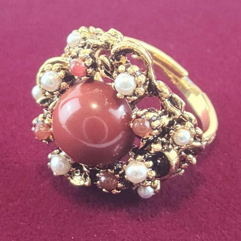 Vintage Gold Tone Ornate Faux Pearl Red Cabochon Adjustable Cocktail Ring 6.5